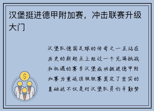 汉堡挺进德甲附加赛，冲击联赛升级大门